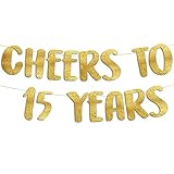 Cheers to 15 Years Gold Glitter Banner - 15th Anniversary and Birthday Party Decorations