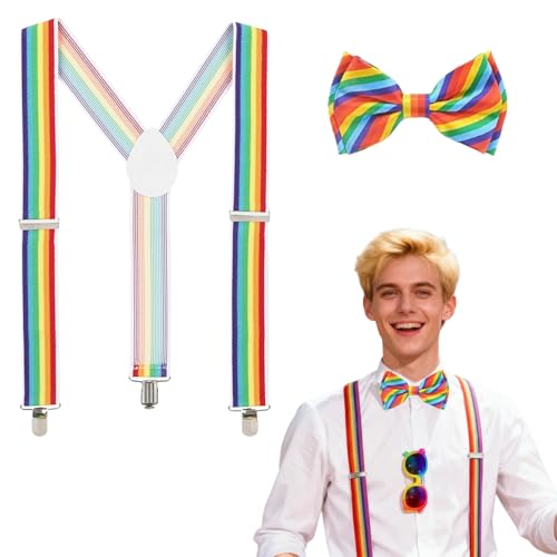 GWAWG Bretelles Arc-en-Ciel avec Nœud Papillon pour Homme et Femme – Accessoires de Clown pour Carnaval, Halloween, Fête à Thème, Cirque, Fasching ou Déguisement