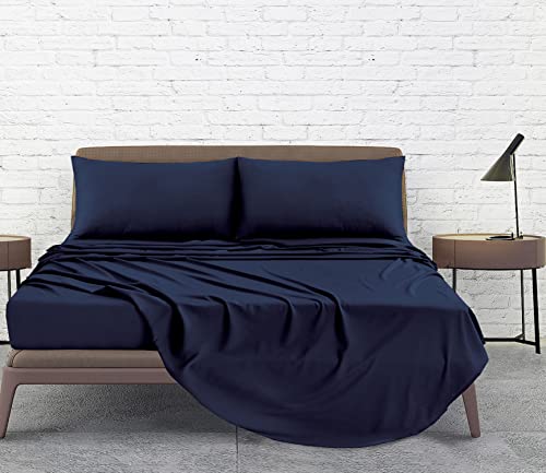 Linen Home Single Bed Sheet Set Navy - 3Pcs Easy Care Brushed Microfiber Sheet Set Single Size Super Soft Wrinkle Free Bedding Set- Flat, Fitted Sheets & Pillowcase (Single, Navy)