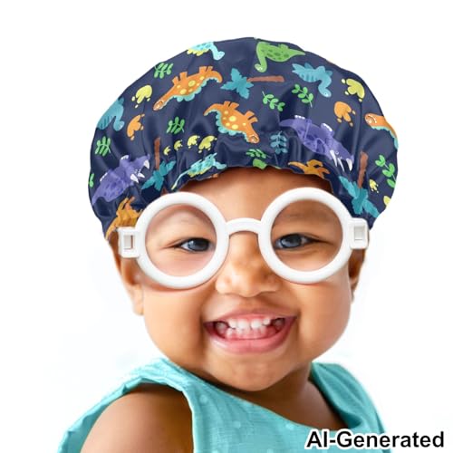 Image of Dinosaur Palm Tree Printed Kids Satin Bonnet Child Double Layer Sleep Cap Sleeping Beanie Elastic Band for Haircare Curly Natural Long Hair Cap Hat for Toddler Baby