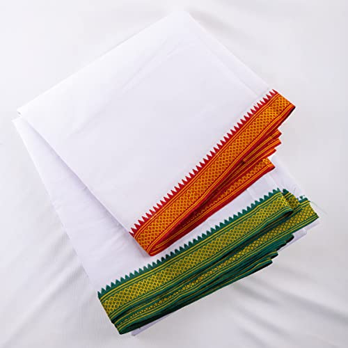 Dhoti Vesti Mundu Baumwolle Weiß 3,6 m Länge mit farbigem Rand (roter und grüner Rand) Cover