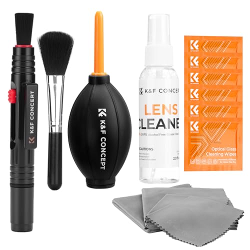 K&F CONCEPT Kit de Nettoyage Appareil Photo 15-en-1 Soufflerie d&rsquo;air, Lingettes Nettoyantes*6, 60ml Liquide de Nettoyage, Chiffon de Nettoyage*5, Brosse de Nettoyage pour DSLR Téléphones Portables