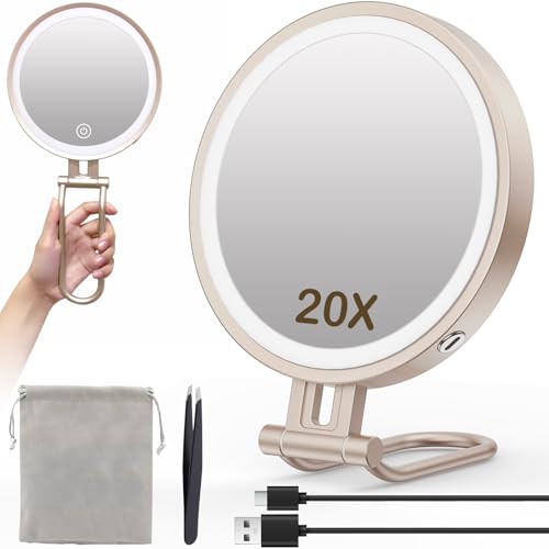 Travel Makeup Mirror with Lights,3000mAh Rechargeable 1X/20X Magnifying Mirror with Light...