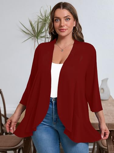 Image of AusLook Women's Plus Size Lightweight Open Front Cardigan 3 /4 Sleeve Cover Ups Shrugs Shawls and Wraps Kimono Jacket Coat