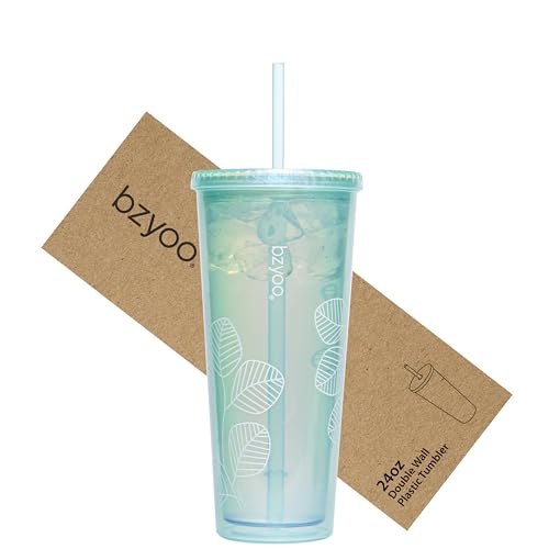 bzyoo 24oz Plastic Tumbler Cup, Lid & Straw, Iced Coffee, Pearl Green Leaf by bzyoo - Used condition - US$13.49