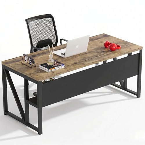 Image of FFO Nexus Executive Director Desk | Office Table | Manager Cabin Work Desk with Modesty Panel & Cable Grommet | Sturdy Metal Frame | Black Top & White Base | DIY 160x80 x75 CM DIY.