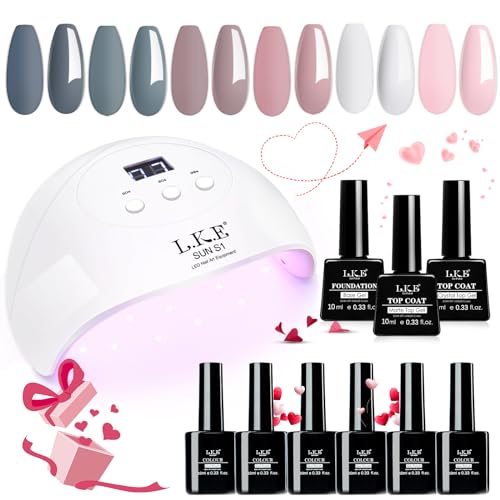LKE Gel Nail Polish Kit with 72W UV LED Lamp, 6 Colors Set Lamp Starter Kit, Premium Grey Base and Glossy & Matte Top Coat Nail,DIY Tools