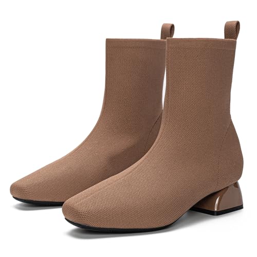 Find the Best Ankle Boots for Travel: Comfort & Style 12 Buyrew Brown Ankle Boots for Women Low Heel Square Toe Booties Comfortable Knit Sock Boots Slip On Chunky Block Heel Short Boots Fashion Casual Walking Dress Shoes for Work Office 9