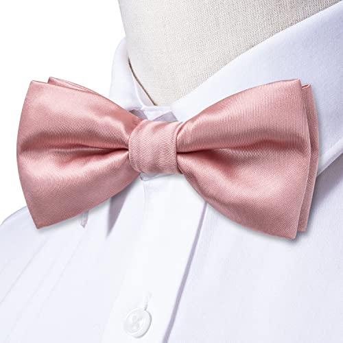 Image of Hi-Tie Pretied Bow Ties for Men Wedding Formal Bow Tie Handkerchief Cufflinks Lapel Pin Set Party Formal Mens Bowtie Set, Pink Solid, Medium