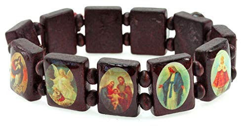 PURPLE WHALE Unisex Religious Wooden Bracelet, Assorted Images Saints, Jesus, Angels Rosary, Stretchable Adjustable Bracelet, Catholic Jewelry Gift, Brown, 3 Piece2