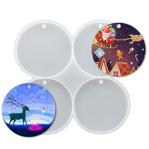4-Cavity Christmas Ornaments Resin Molds Silicone with Hole Round Shape Pendant Christmas Molds for Epoxy Resin DIY Christmas Tree Pendant Decoration