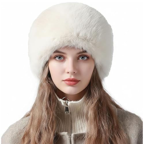 Povtor Russian Ushanka Bomber Hat with Faux Fur, Winter Trapper Hat for Women, Covers Ears in Two Sizes for Cold Weather Windproof Outdoor White