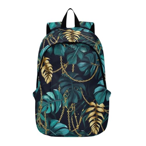 MCHIVER Travel Backpack Watercolor Gold Chain Leaves Casual Daypack Backpacks Lightweight Carry on Bag Water Resistant Hiking Backpack for Men and Women