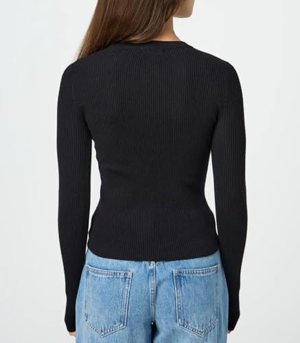 Image of Cioatin Women Long Sleeve Button Up Ribbed Knit Crop Cardigan Y2K Slim Fit Round Neck Sweater Tshirt Fall Going Out Tops