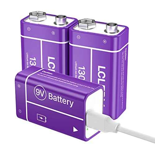 LCLEBM USB Rechargeable 9V Batteries, 1300mAh 9V Lithium Rechargeable 9V Batteries Long Lasting 9 Volt Li-ion Batteries for Smoke Alarm, Wireless Microphones, Smoke Detectors, Flashlights - 3PCS