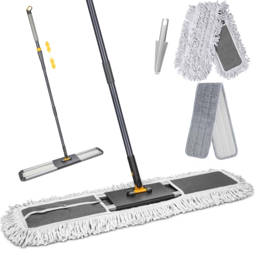 MASTERTOP 90cm Balai Serpillere Professionnel en Aluminium, Balai Serpillière Microfibre avec Manche Télescopique, Vadrouille Industriel Rotative 360° pour Bureau, Entrepôt, Garage, 2 Tampons (Gris)