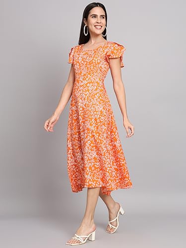 Image of Dream Beauty Fashion Women's Polyester Printed A-line Round Neck Bell Sleeve Knee-Long Dress (Elora-Dress-01)