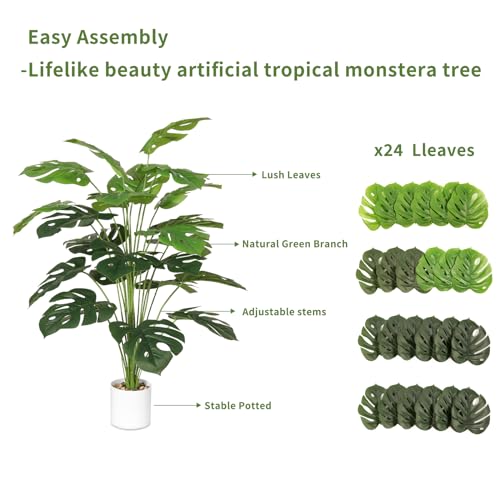 Tuocal 28" Artificial Plants Tropical Palm Tree Fake Monstera Tree in Pot Tall Faux Plant for Outdoor Indoor Home Garden Office Decoration