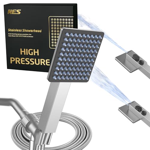 KES Soffione doccia portatile in acciaio inox 18/8 ad alta pressione, lavaggio elettrico integrato per pulire le piastrelle della vasca, design brevettato con ripristino automatico, tubo lungo 177,8