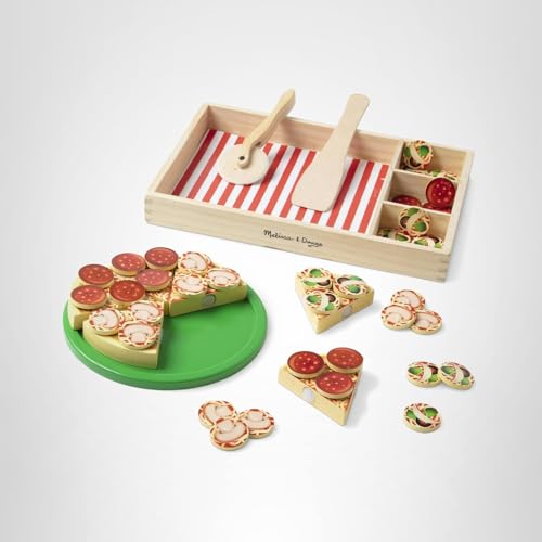 Melissa & Doug Wooden Pizza Party Play Set, 36 Self-Stick Toppings, Pizza Toy Kitchen Set & Play Kitchen Accessories, Preschool Toys for Boys & Girls 3+