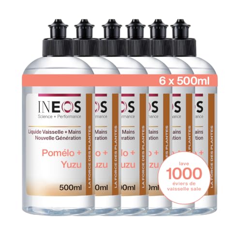 INEOS Liquide Vaisselle et Mains, 2 en 1, Nettoyage Imbattable, Efficace Contre La Graisse Et Le Calcaire, Doux Pour Les Mains, Parfum Pomelo et Yuzu, Pack de 6 X 500ML, L'emballage Peut Varier