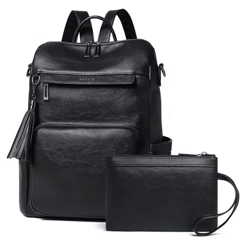 Shrrie Vegan Leather Backpack for Women Backpack Purse 15.6 inch Womens Laptop Backpack for College Travel Work-Two-tone Black