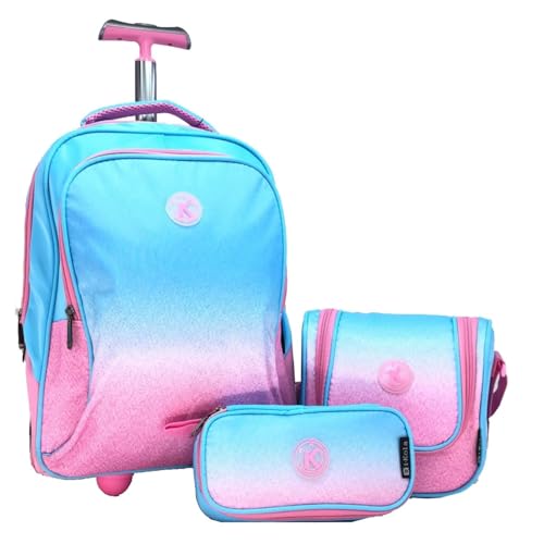 Image of i-kola 3pcs Kids Rolling School Bag Set - 16″ Trolley Backpack with Wheels, Spill-Proof Lunch Bag & Pencil Case - Telescopic Handle, Bottle Holder, L-Shaped Smooth Wheels, IKOLA - BLUEISH PINK, 16