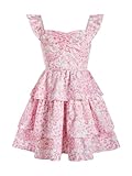 RoseSeek Girl's Floral Summer Dress Ruffle Shirred High Waist Ruched Sweetheart A Line Spring Dress Floral Pink 14Y