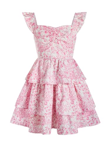 RoseSeek Girls Floral Summer Dress Ruffle Shirred High Waist Ruched Sweetheart A Line Spring Dress Floral Pink 10Y