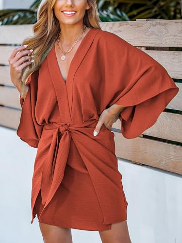 Image of CUPSHE Womens Vacation Mini Summer Dress V Neck Kimono Sleeve Belted Flowy Loose Resort Wear Casual Beach Cover Up Dress