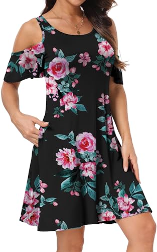 Image of Short /Long Sleeve Women's Cold Shoulder Dress with Pockets Casual Swing T-Shirt Dresses