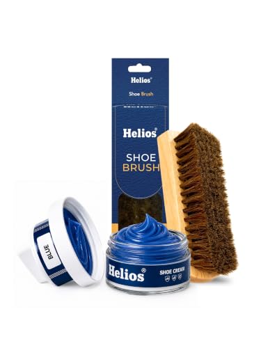 Image of Helios Leather Shoe Cream Polish 48 GM with Applicator & Natural Hair Brush | Shoe Polish for Boots, Bags, Belt & Jacket | Leather Conditioner & Shine Care Kit