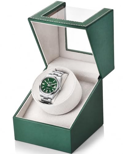 UnaMela Watch Winder for Automatic Watches: Automatic Single Watch Winder Box in Green PU Leather with Japanese Quiet Motor USB Powered - Gift for Men & Women