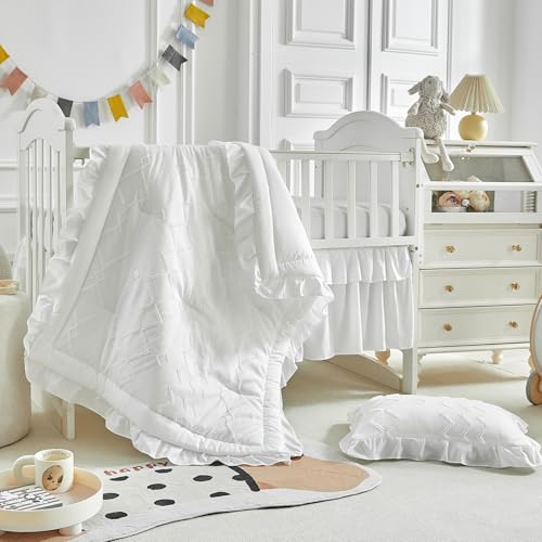 Image of AIKASY The Ruffled Shabby Crib Bedding Set for Girls, Baby Quilted Comforter with Fitted Sheet, Bed Skirt, and Pillowcase（White）