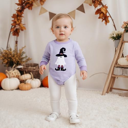 Newborn Infant Baby Girl Halloween Outfits Embroidered Ghost Onesie Striped Long Sleeve Romper Clothes3