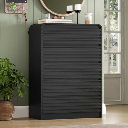 Image of 5 Drawer Dresser for Bedroom, 45 inch Tall Fluted Dresser with Curved Edge and Ergonomic Handleless, Large Wooden Clothes Storage Organizer, Modern Chest of Drawers for Closet, Living Room, Black