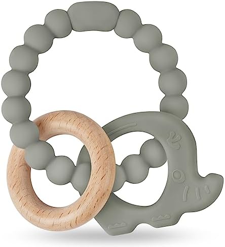 Vicloon Beißring für Babys, Elefant Beißring Spielzeug aus Silikon und Holzringe, Baby Zahnungshilfe BPA-frei, Schmerzlindernde Zahnen Nursing Zubehör für ab 3 Monaten Babys (Grau