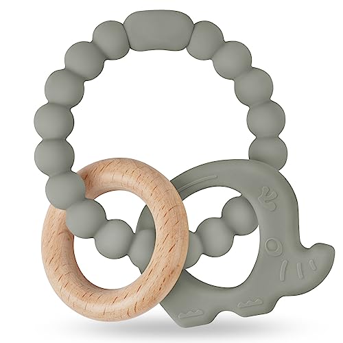 Vicloon Jouets de dentition Pour Bébé, Anneau de dentition en Silicone etéléphant, Jouets à mâcher Pour Bébé, faciles à saisir et à nettoyer, Jouets de dentition à mâcher en Silicone (Gris Vert)