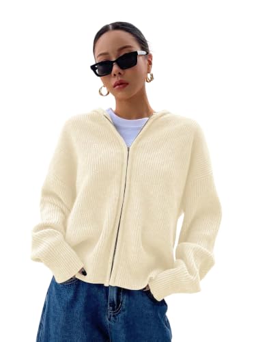 Image of SOLY HUX Zip Up Cardigan for Women Hooded Cardigan Sweater Knitted Drop Shoulder Fall Clothes Winter Hoodies Outerwear