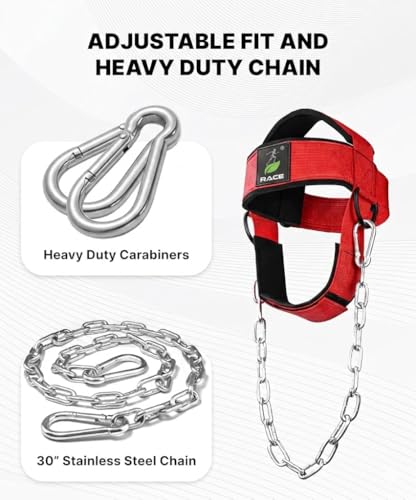 Image of RACE Neck and Head Strengthening Equipment Weight Harness Thick Padded Adjustable Strap with Heavy Duty Steel Chain & Rings for Gym Crossfit Fitness Training Injury Rehab (Red)