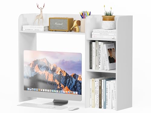 Cushore 37' Wooden Desktop Bookshelf Organizer, Large Shelf for Home Office, Dorm, Dressing Table, Bar Countertop, for Desktop up to 27', White