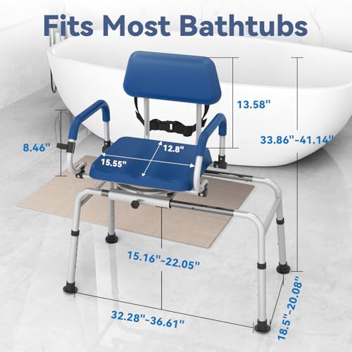 FSA/HSA Eligible Sliding Shower Chair Tub Transfer Bench for Bathtub with Swivel Seat, Padded Shower Bench with Pivoting Arms, Height Adjustable Shower Seat, 350 lbs, Blue, Larger - Thumbnail 6