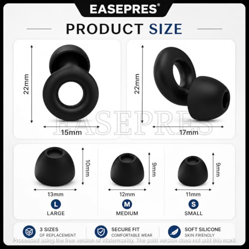 Image of EASEPRES Noise Cancelling Ear Plugs | Soft Silicone Reusable Earplugs with 6 Comfort Tips (S /M /L) | Secure Fit Noise Reduction for Sleeping, Travel, Flight, Work & Snoring - Black