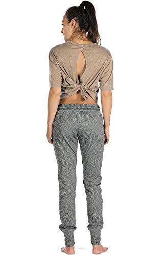 Icyzone Open Back Workout Top Shirts - Yoga T-Shirts Activewear Exercise Crop Tops For Women (M, Beige) #TOP3