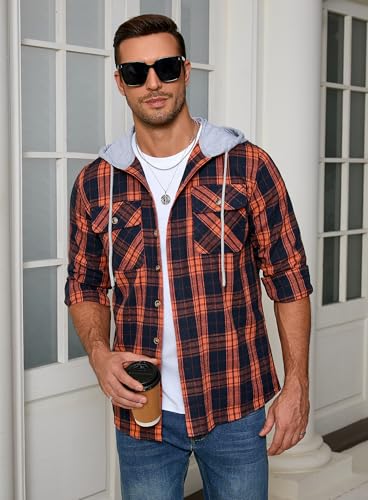 Mens Flannel Hoodie Shirts Long Sleeve Casual Plaid Jacket Cotton Button Down Flannel Shirt for Men4