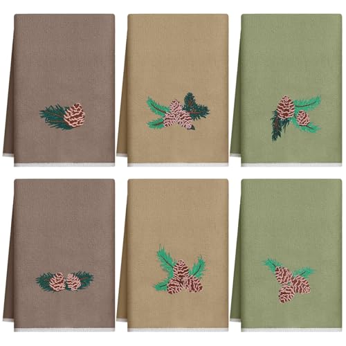 Geyoga 6 Pcs Christmas Hand Towels Winter Pine Cones Brown Embroidered Rustic Bathroom Towels for Xmas Bathroom Kitchen Farmhouse Decor Gifts, 13.8 x 23.6 Inch
