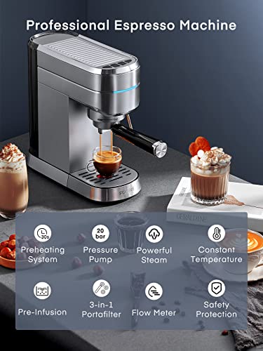 Fohere Espresso Machine, 20 Bar Espresso And Cappuccino Maker With Milk Frother Steam Wand, Professional Compact Coffee Machine For Espresso, Cappuccino, Latte And Mocha, Brushed Stainless Steel #TOP1