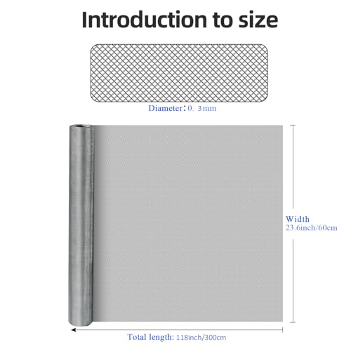 Image of 20 Mesh 304 Stainless Steel Mesh Screen, 24''x118''(60cmx300cm) Wire Screen Mesh, Rust Free Woven Wire Mesh, Metal Mesh Screen for Air Vents, Window Screen, Filters, Cage,Garden Covers