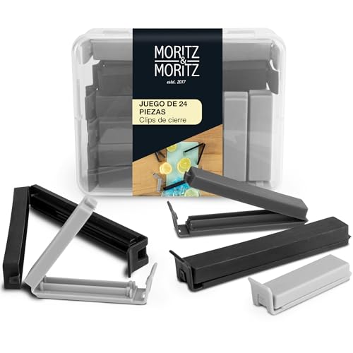 Moritz & Moritz 24 x Pinzas Bolsas Alimentos - Pinzas Cocina Bolsas Clip - Cierra Bolsas Plastico in Caja Transparente - 3 Colores (Negro, Gris)