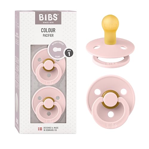 BIBS Colour Soother 2-Pack, BPA Free Dummy Pacifier, Round Nipple. Natural Rubber Latex, Made in Denmark, Size 1 (0-6 Months), Blossom